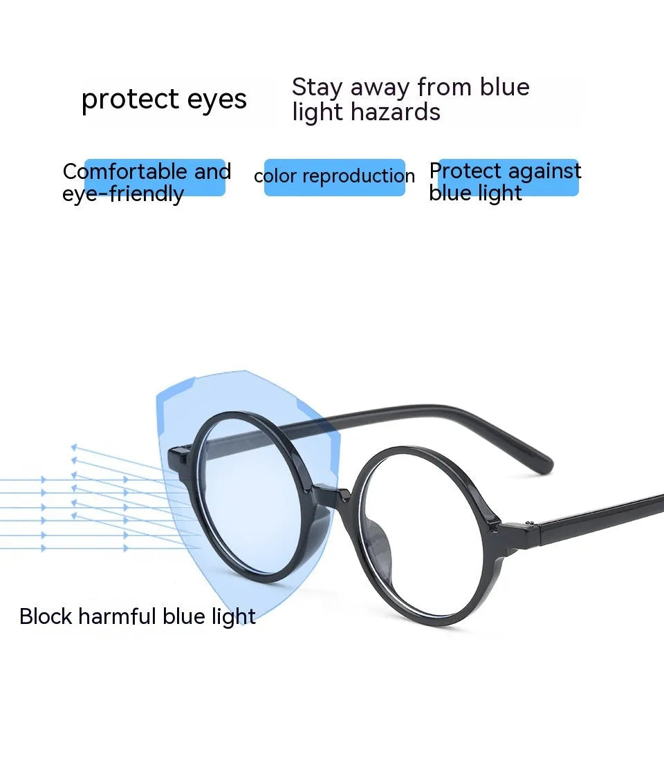 Round retro glasses with artistic frame in four colour options: bright black, sand black, tofu pudding, transparent grey.