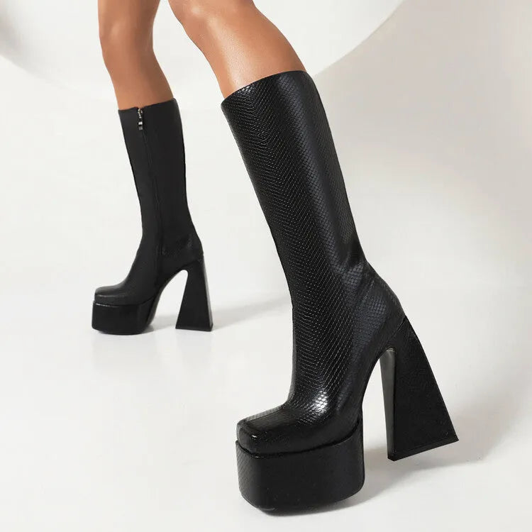 Women's casual high boots in black, red, blue, and white colours with artificial PU upper material