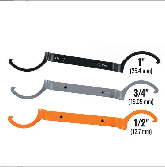 Orange, grey, and black magnetic crescent wrenches with catheter locking mechanism on one tool