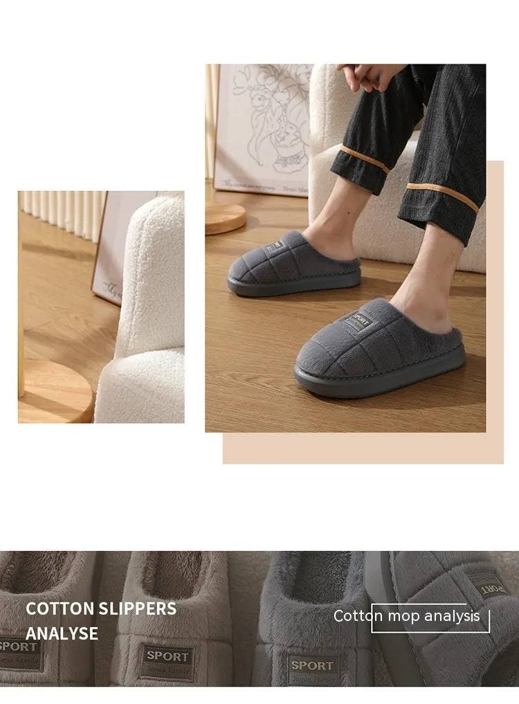 Men's grey and brown plaid rabbit hair winter slippers with a thick sole on a wooden floor.