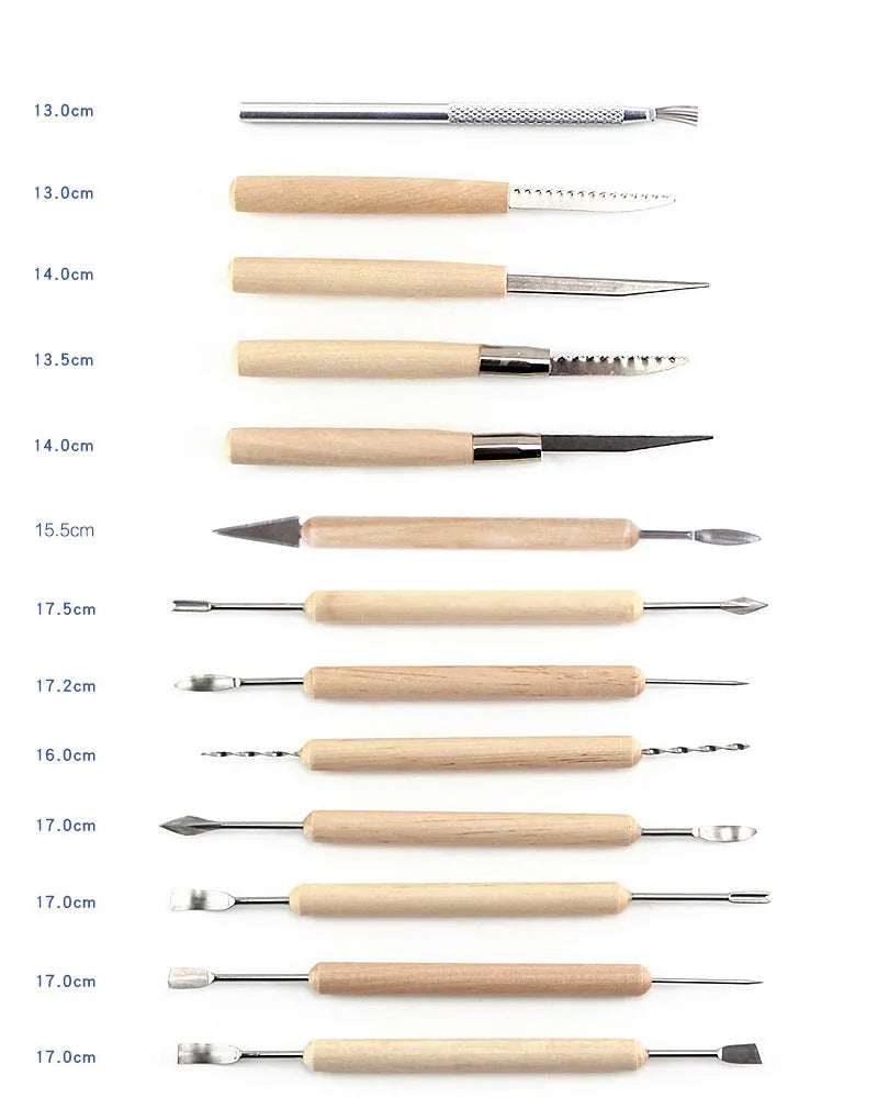 Brown 27-piece pottery clay tool set with stainless steel, wood and plastic tools for sculpture.