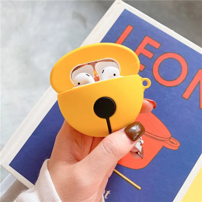 Yellow bell-shaped silicone protective case for AirPods 1 and 2 generation charging cases.
