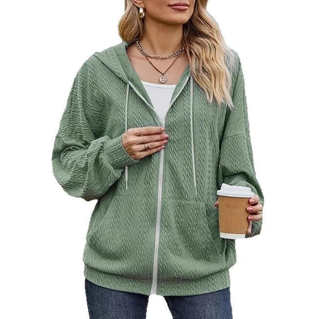 Green women's hooded sweater coat with zip-front closure and loose casual fit