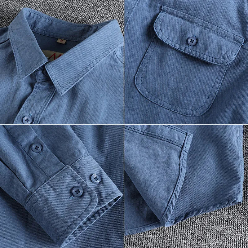 Men's light blue British retro style cotton cardigan shirt with long sleeves on a hanger.