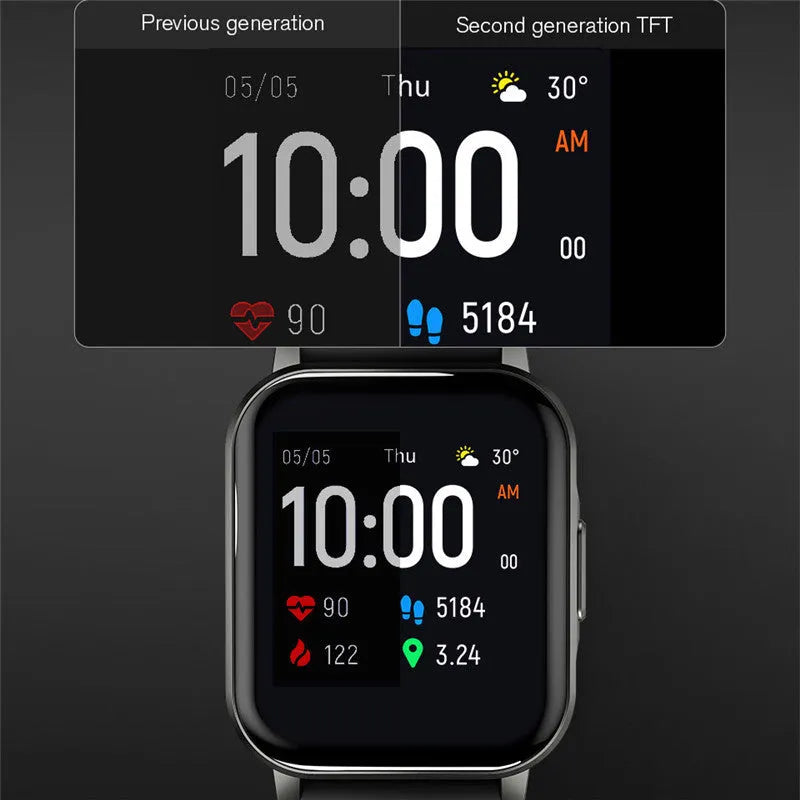Black waterproof smart fitness bracelet with a 1.4-inch touchscreen on a silicone wristband.