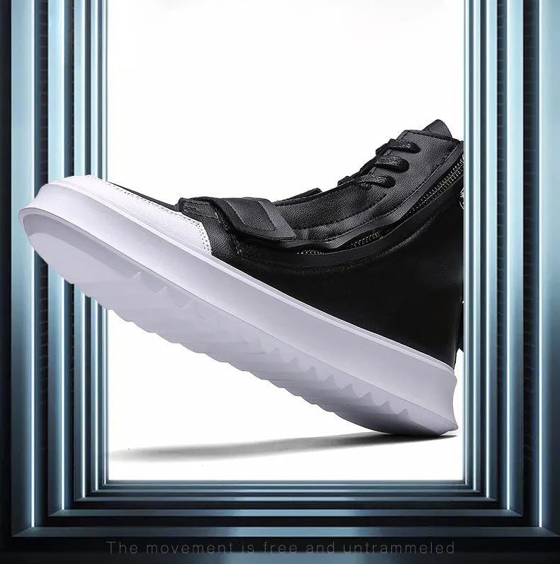 Men's black and white PU leather winter ankle boots in high-top sneaker style with microfiber upper