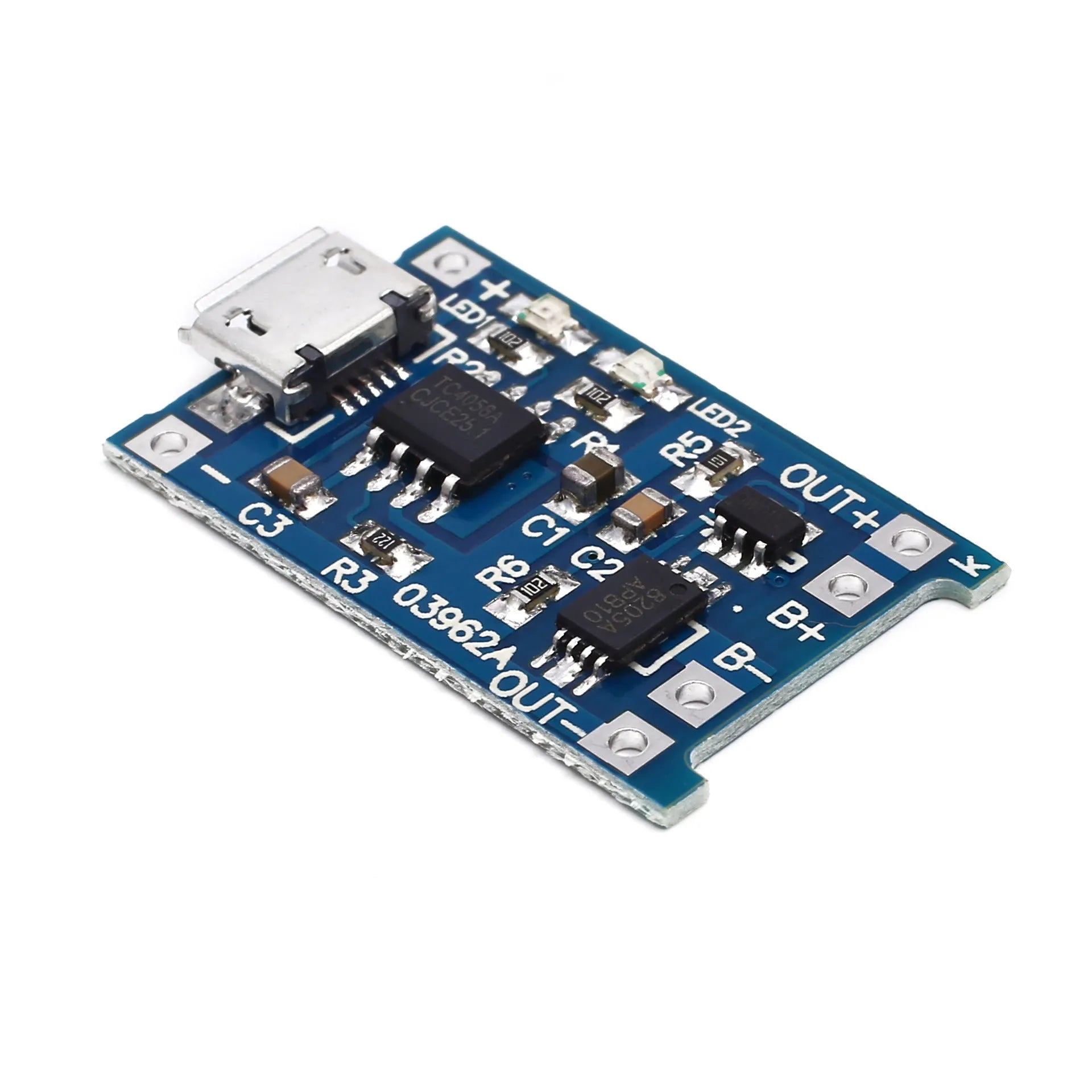 Blue lithium battery charging protection board measuring 2.6 by 1.7 centimetres