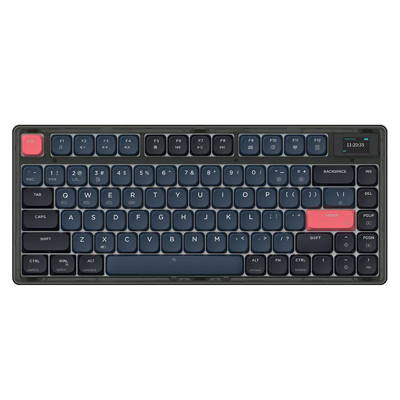 AJAZZ AK832PRO mechanical keyboard with colour screen showing blue lighting on PBT keycaps