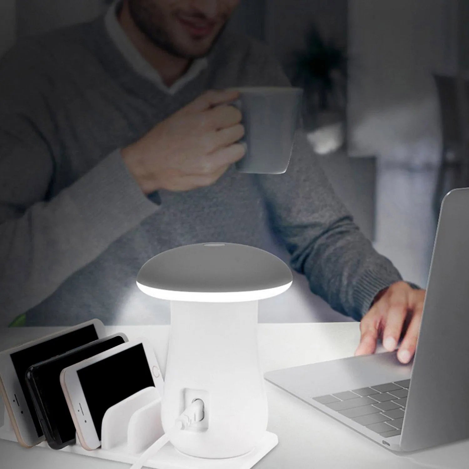 White mushroom-shaped USB charging station with five ports and LED night light for phones and tablets