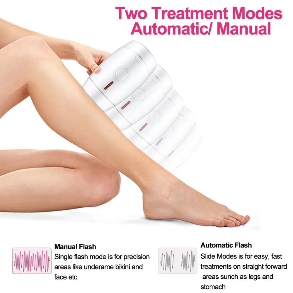 White home laser hair removal handset unit with display, shown next to its power adapter.