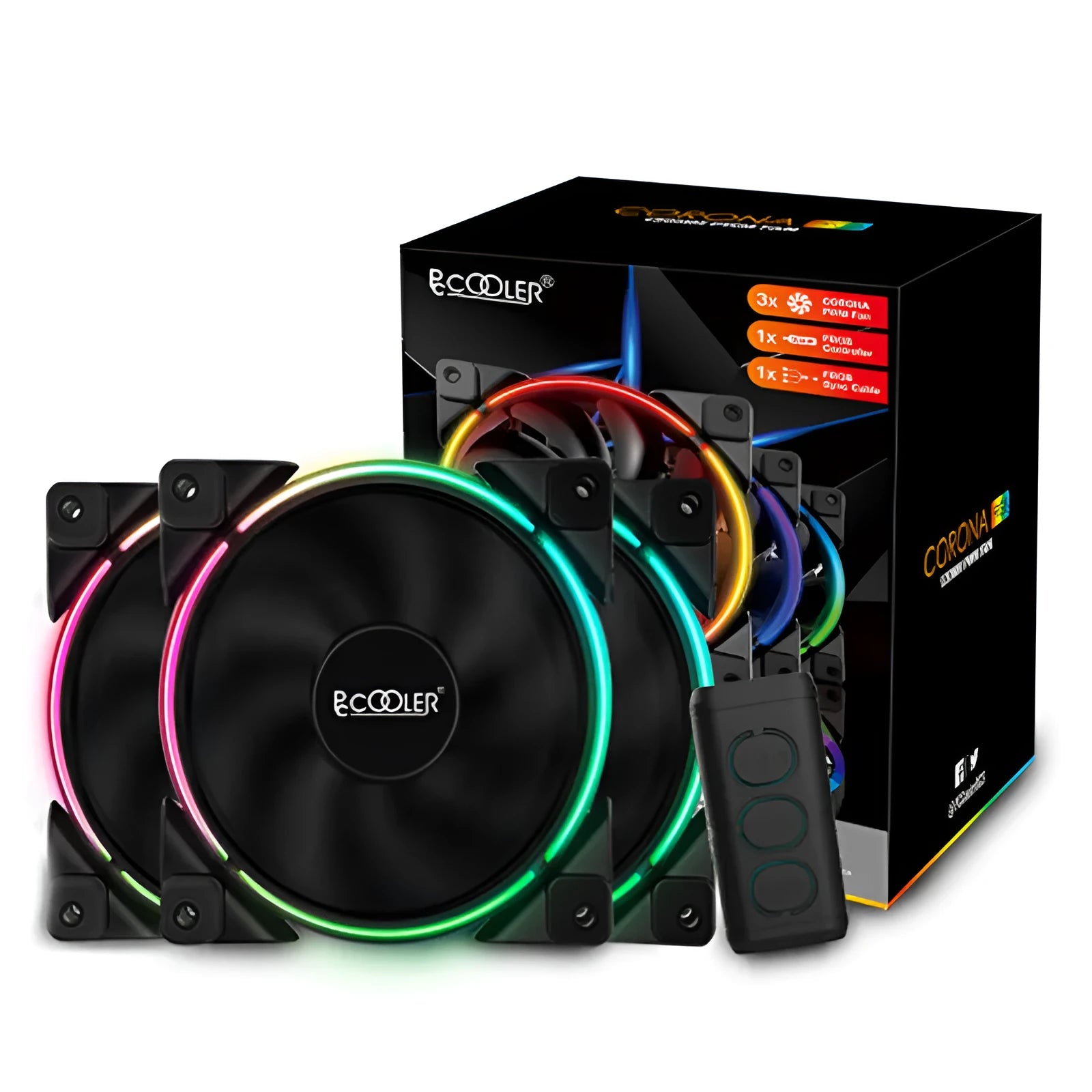 Three black 120 mm PC chassis fans with RGB lit blades on a dark background.