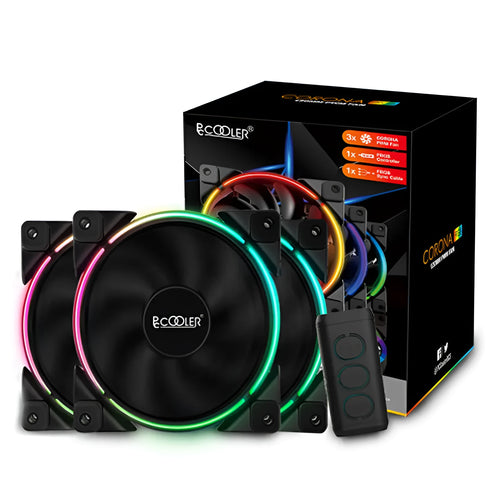 Three black 120 mm PC chassis fans with RGB lit blades on a dark background.