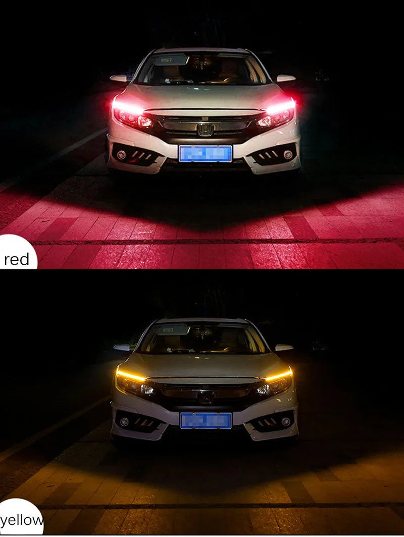 Slim silicone car LED daytime running light strip with flowing turn signal effect on a vehicle headlight.