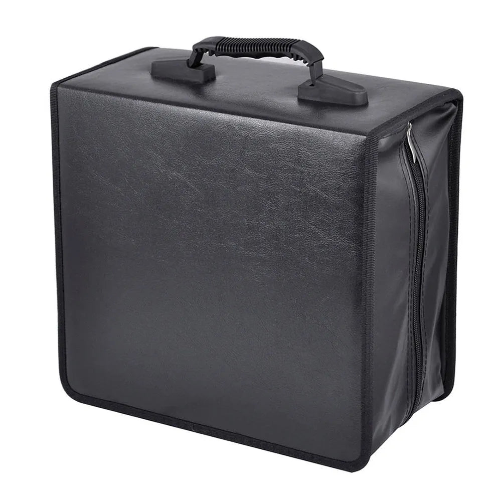 Black Oxford fabric CD DVD storage binder organiser with zipper and top carry strap.