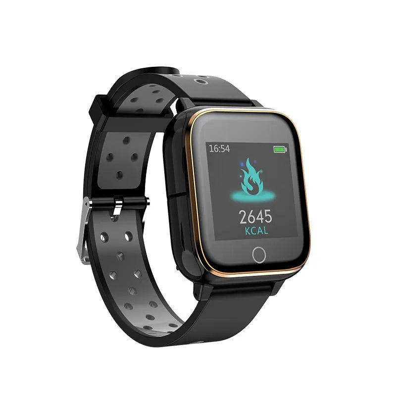 Smart watch with Bluetooth earbuds stored in charging compartment, showing 1.4-inch display with fitness metrics