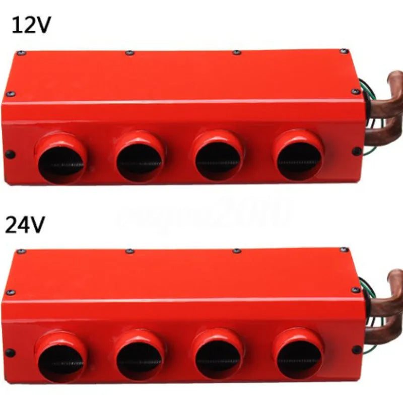 Metal car heater with four small copper pipes and two connection joints for 12V 24V vehicle heating.