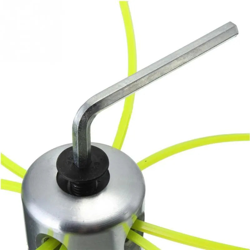 Silver aluminium lawn mower grass trimmer head with four light yellow square cords and a wrench