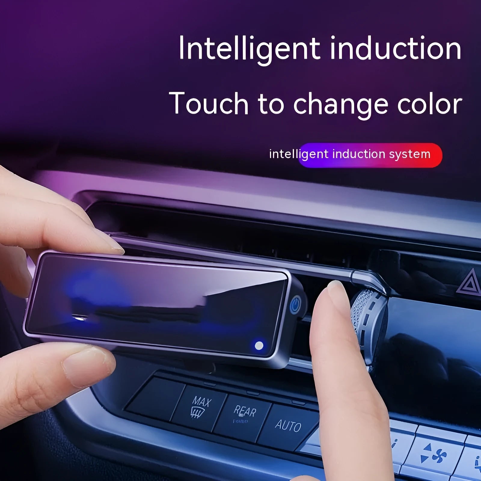 Black automobile air vent clip with LED light and aromatherapy diffuser for car odour removal.