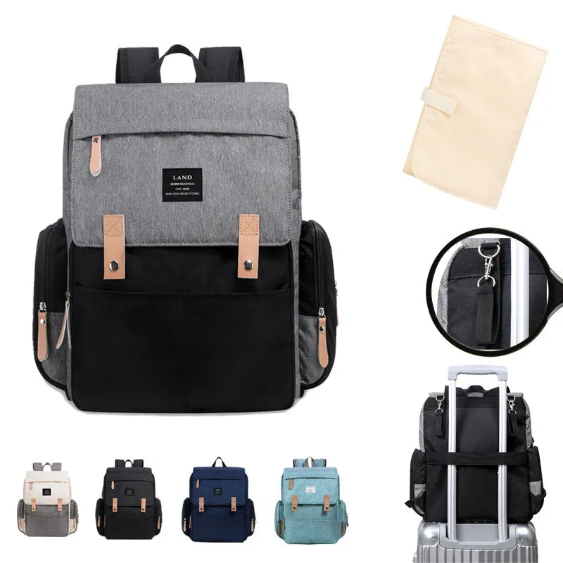 LAND Mommy large capacity oxford cloth diaper backpack with changing mat in beige colour.