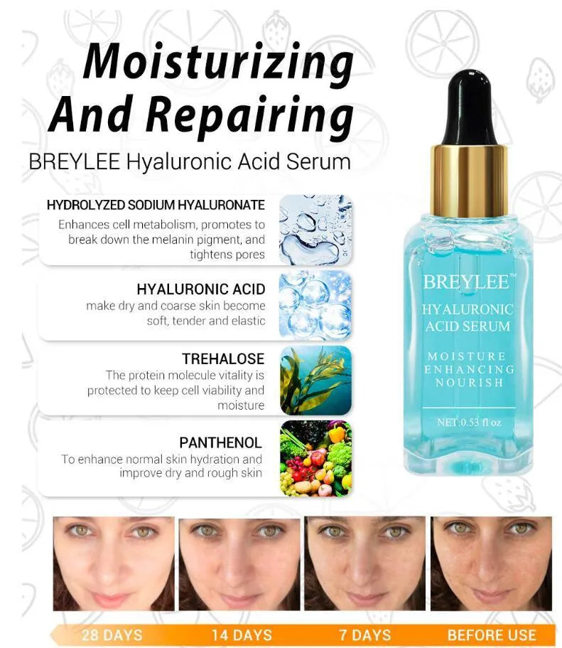 15ml hyaluronic acid face serum in a dropper bottle, blue, red and rose essence colour options