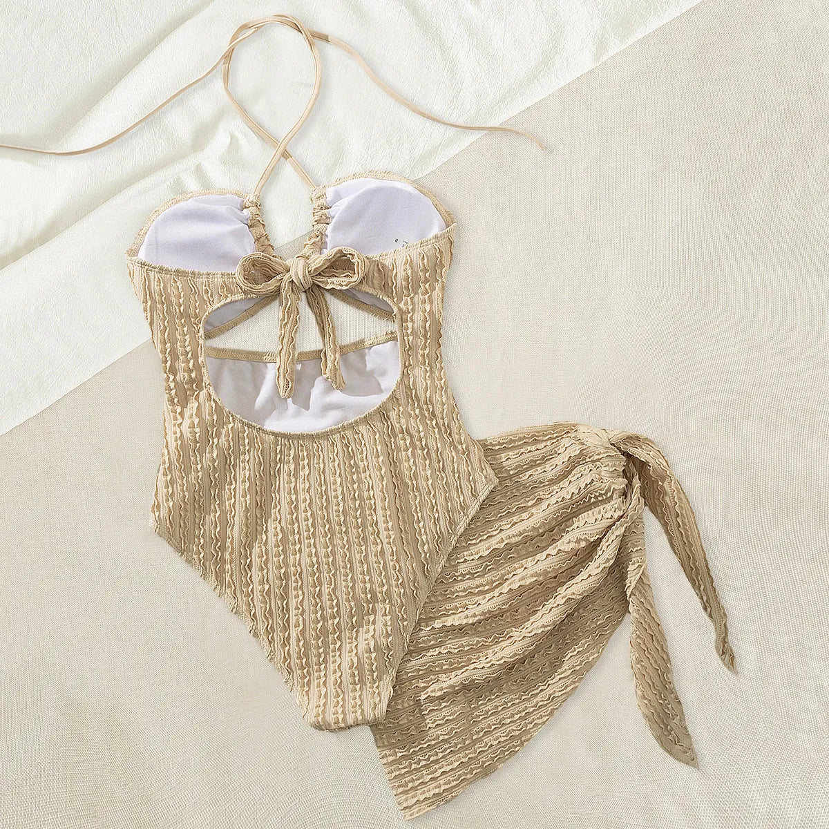 Solid khaki one-piece swimsuit with hollow-out cutout detail, polyester fibre, women's beachwear