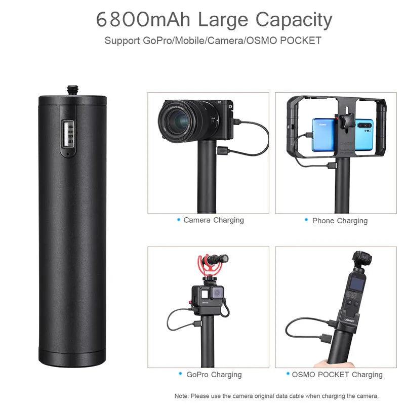 Black aluminium alloy portable power bank with a carry handle and strap, showing compact size
