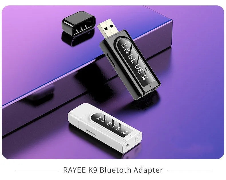 Black USB car FM Bluetooth receiver for wireless audio streaming and hands-free calls.
