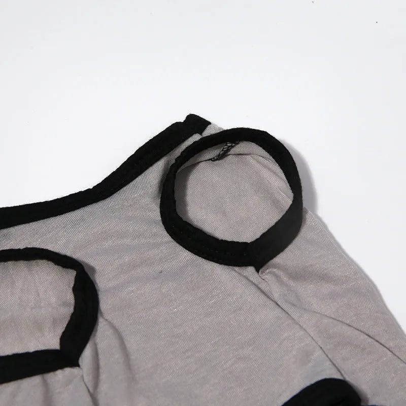 Grey dacron pet vest for dogs and cats, casual style, shown on a small pet with five size options from XS to XL