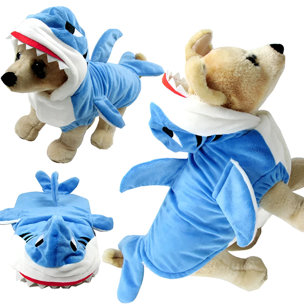 Realistic blue shark suit cosplay costume with embroidered eyes and zigzag mouth on model