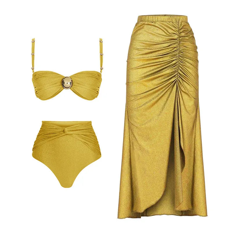 Women's high waist bikini swimsuit in yellow split style and green one-piece, made from nylon fabric.
