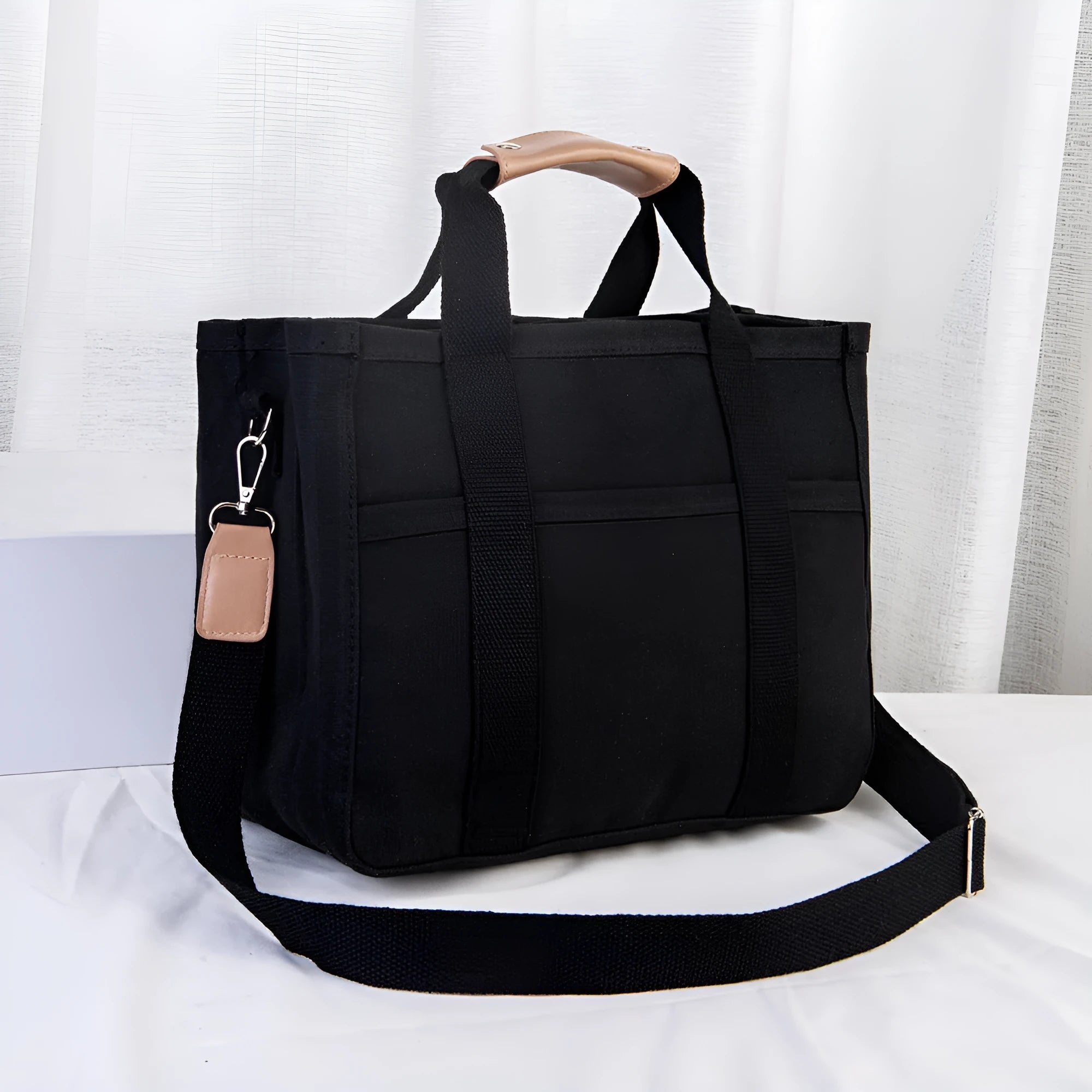 Canvas single shoulder crossbody bag in black, vertical square shape, 36x18x28cm, with zipper and buckle closure