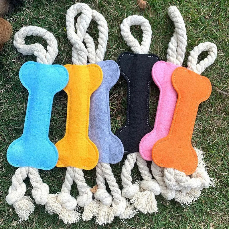 Bone-shaped dog training toy with rope knot texture in blue colour showing 16cm length