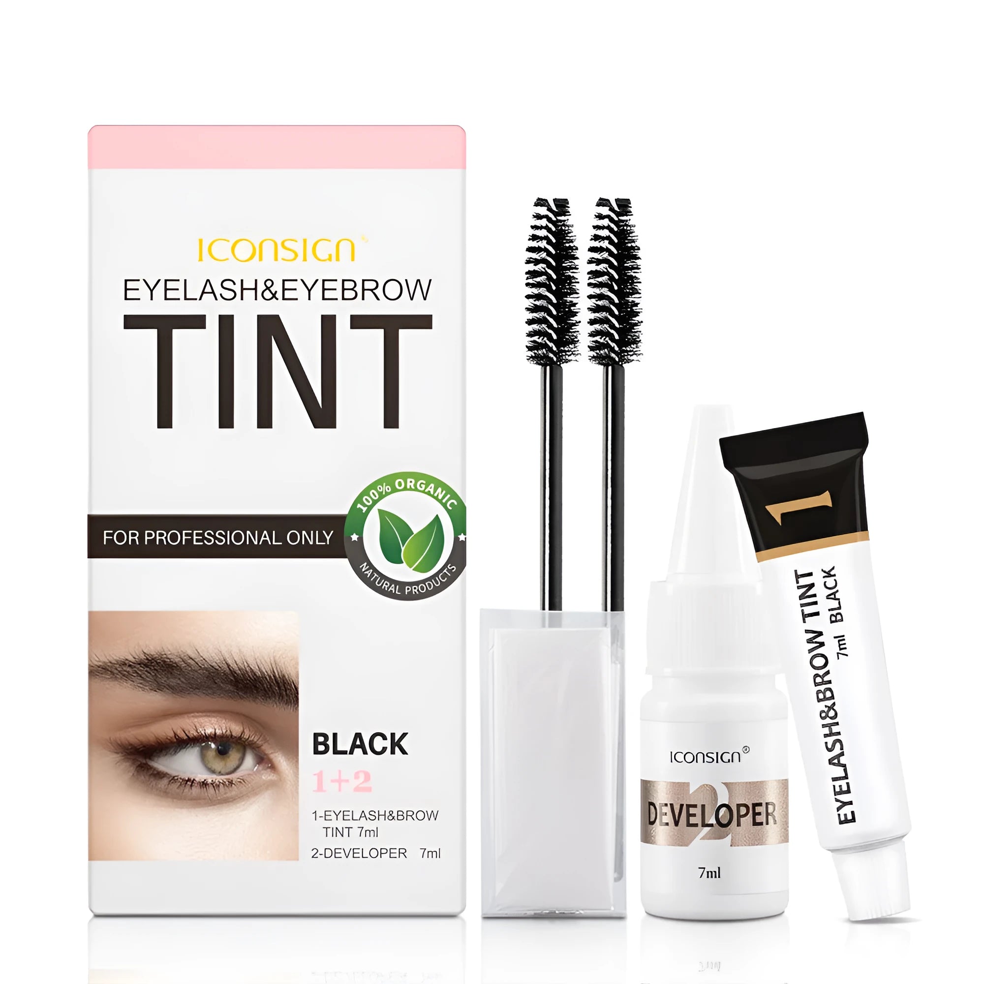 ICONSIGN eyelash and eyebrow dye tint kit with black coffee brown colour options and tools on white background