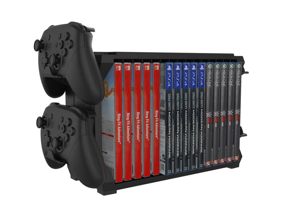 Black PS5 disc holder and controller stand showing game slots and four controller rests.