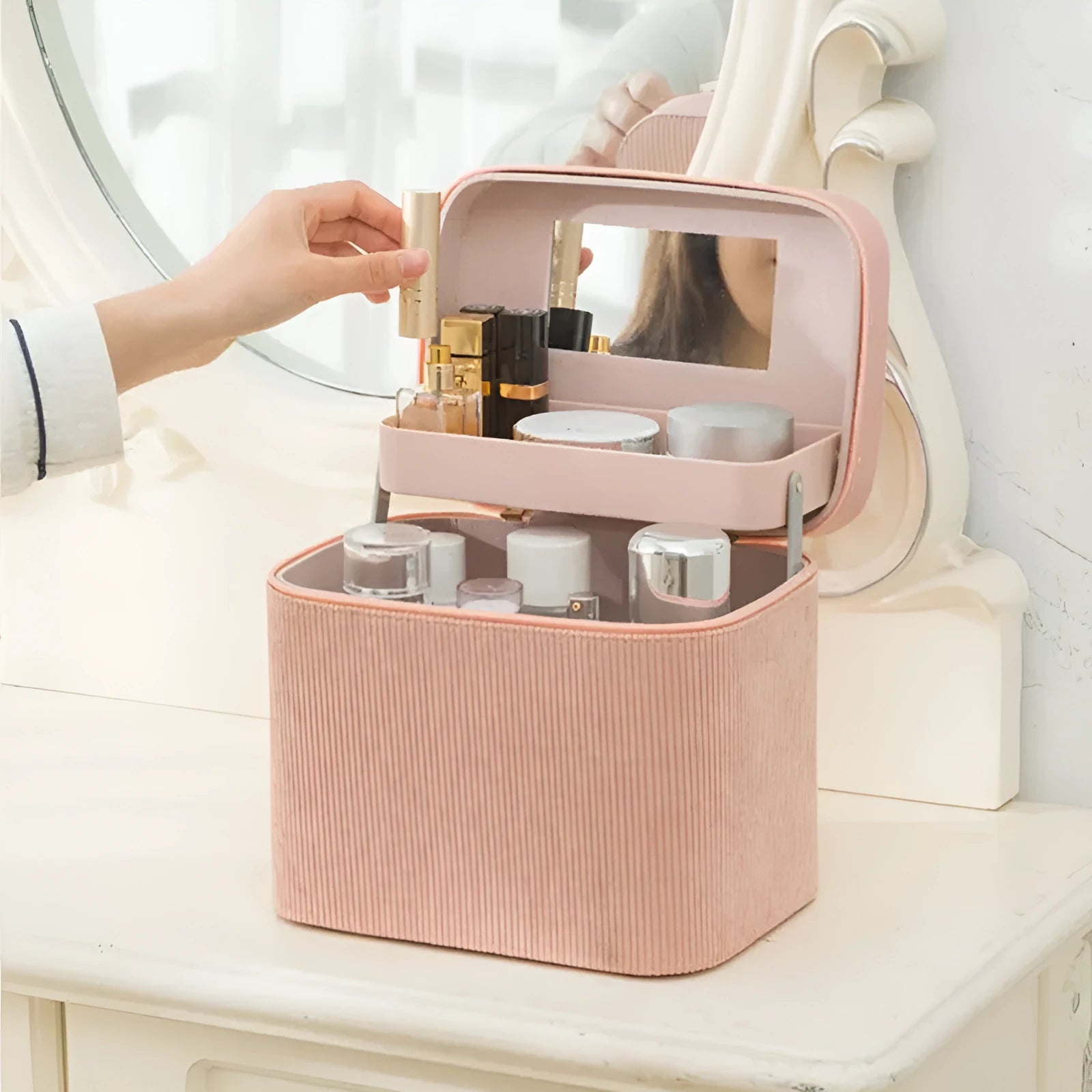 Corduroy cosmetic storage box in a solid colour with a lined interior.