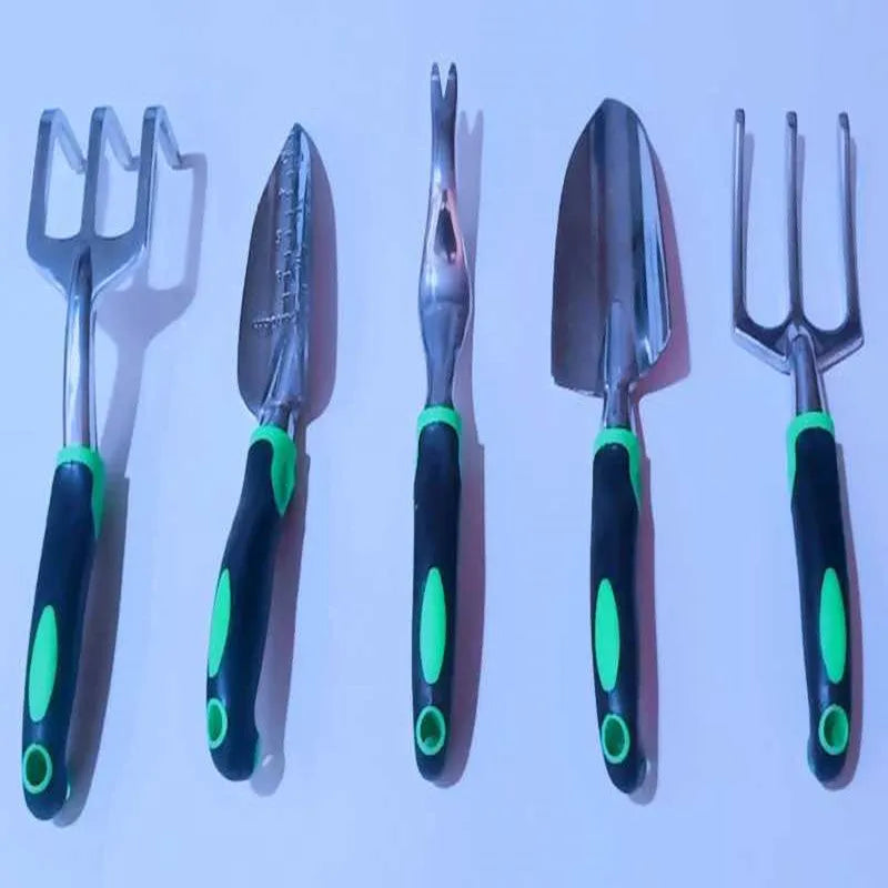 13-piece garden tool set with alloy steel tools and aluminium handles in a storage bag on a wooden table