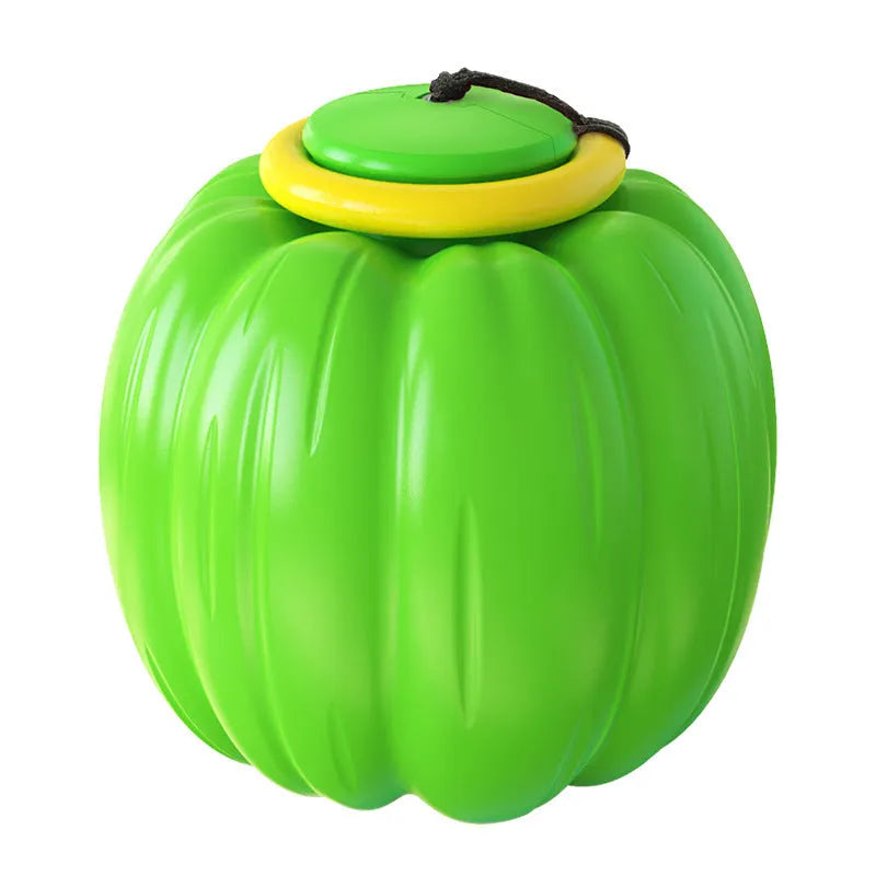 Green, orange, and yellow Halloween pumpkin-shaped dog ball toy with squeaker for small dogs.
