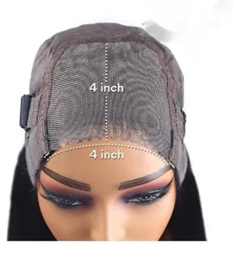 Long straight glueless human hair wig with lace front and side bangs, shown in various lengths.