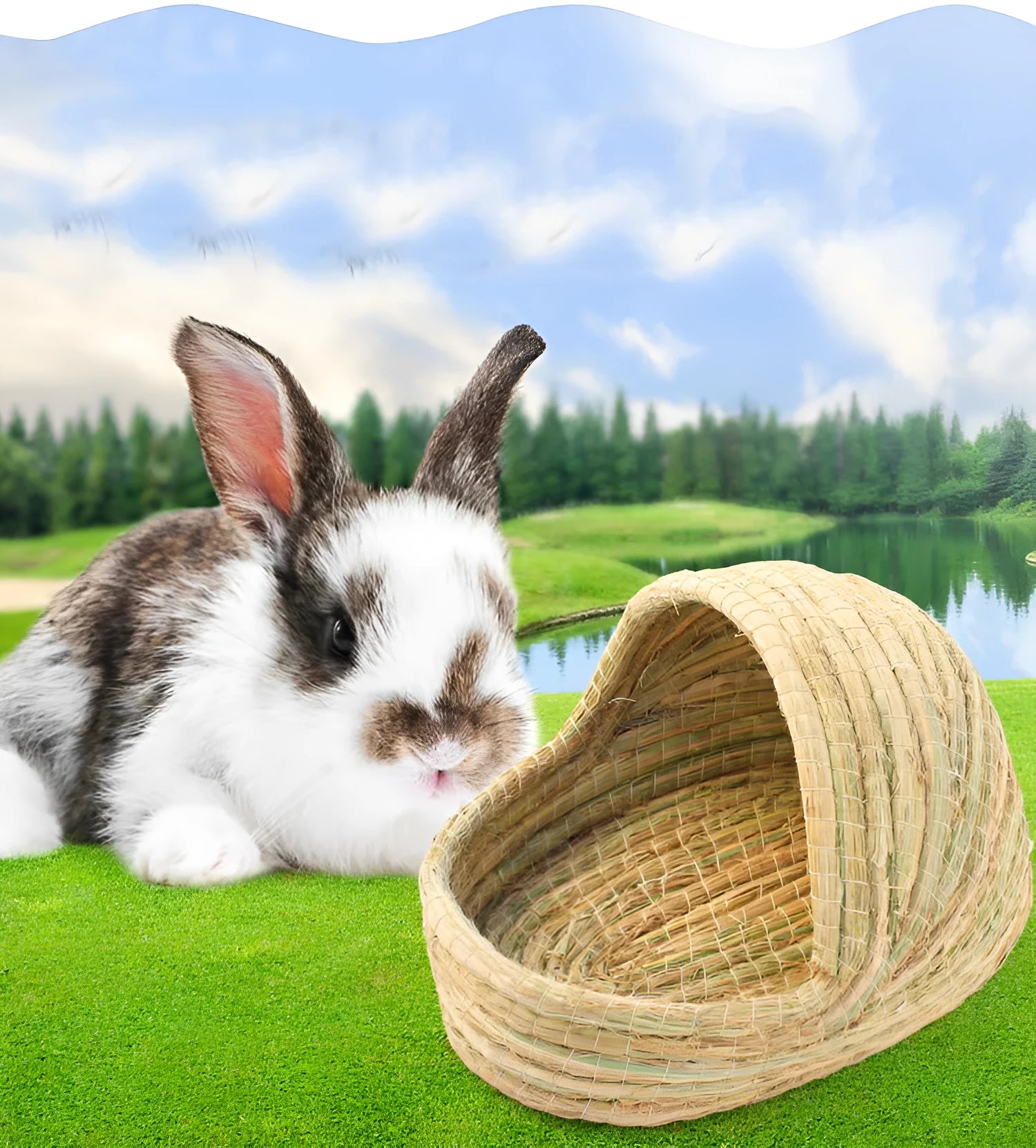 Natural hand-woven grass nest for rabbits – straw corn husk bridge hole cradle, small size, nest colour