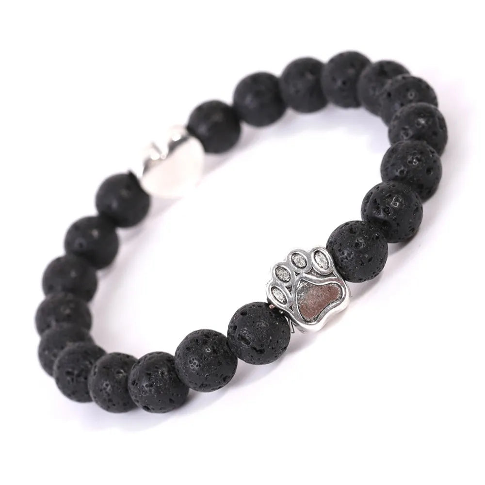 Tigereye Indian agate stone bead bracelet with dog's paw and heart charms in geometric design