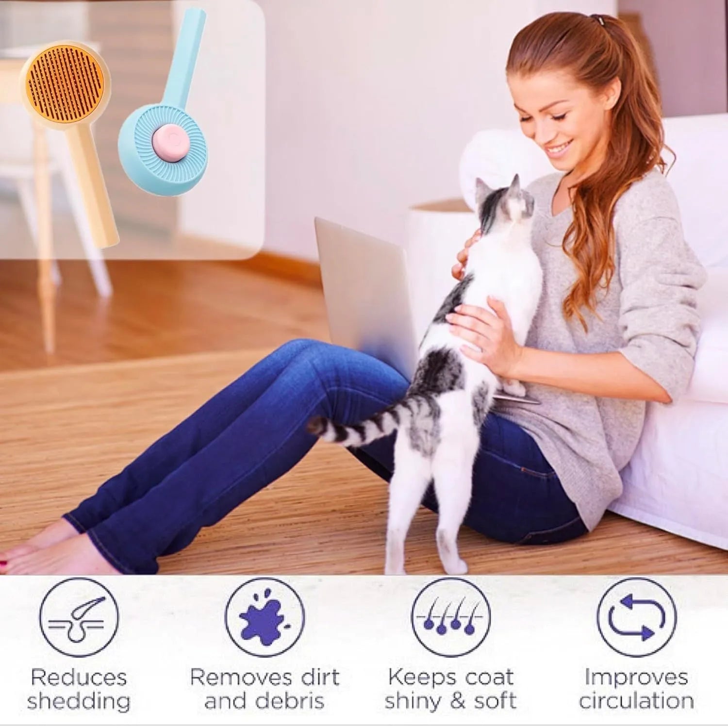 Blue and yellow pet grooming brush with metal pins and a self-cleaning button for cats and dogs.