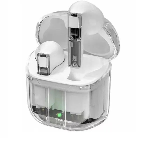 Transparent space capsule case containing true wireless Bluetooth earbuds with digital battery display