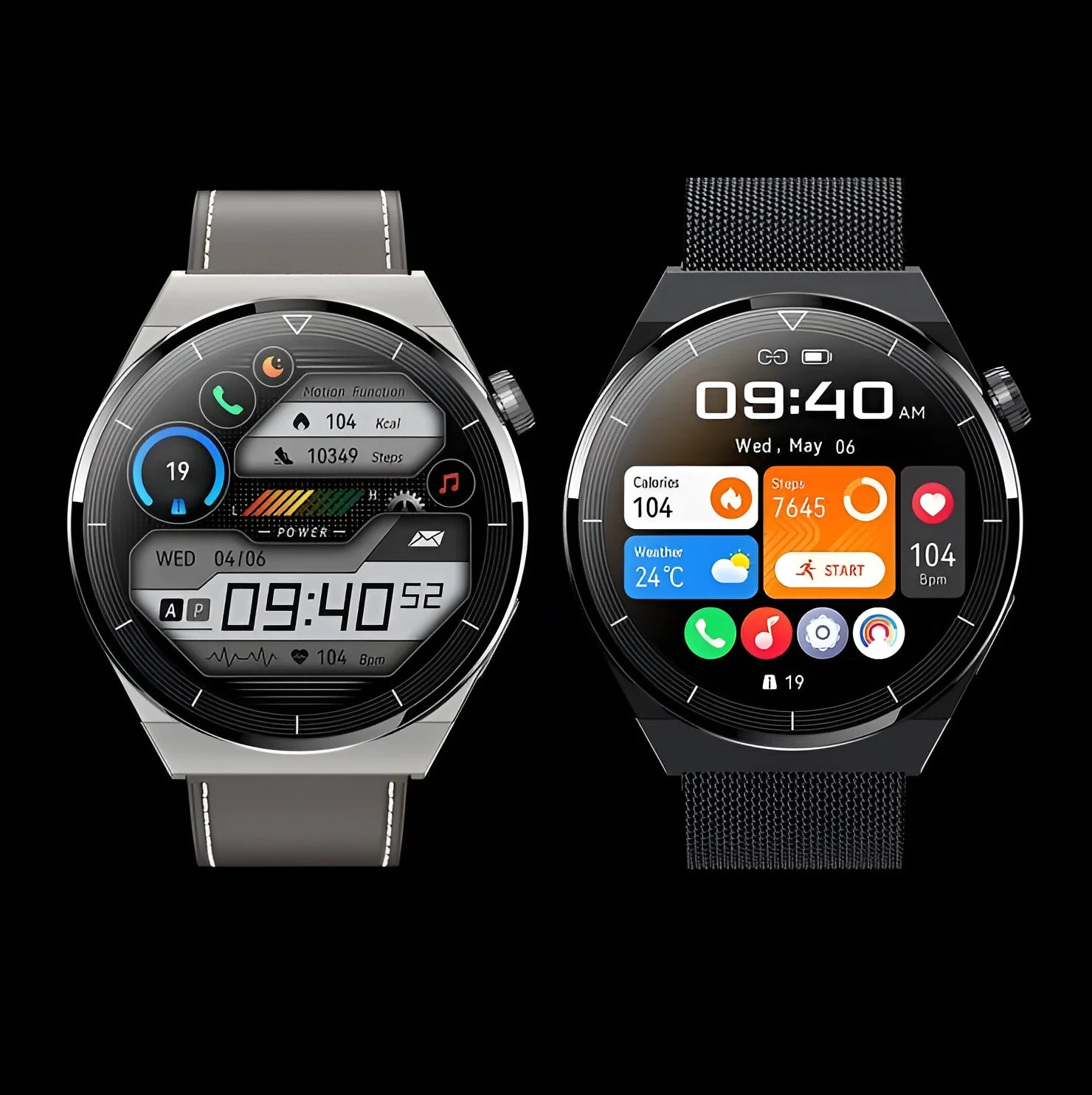 Black Android smart watch with round 1.36-inch screen showing interface, silicone band, Bluetooth and NFC features