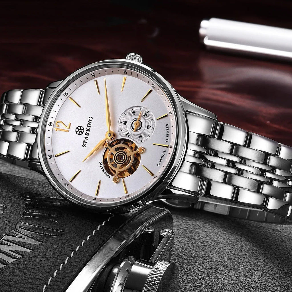 Men's automatic mechanical business watch with leather strap and stainless steel case