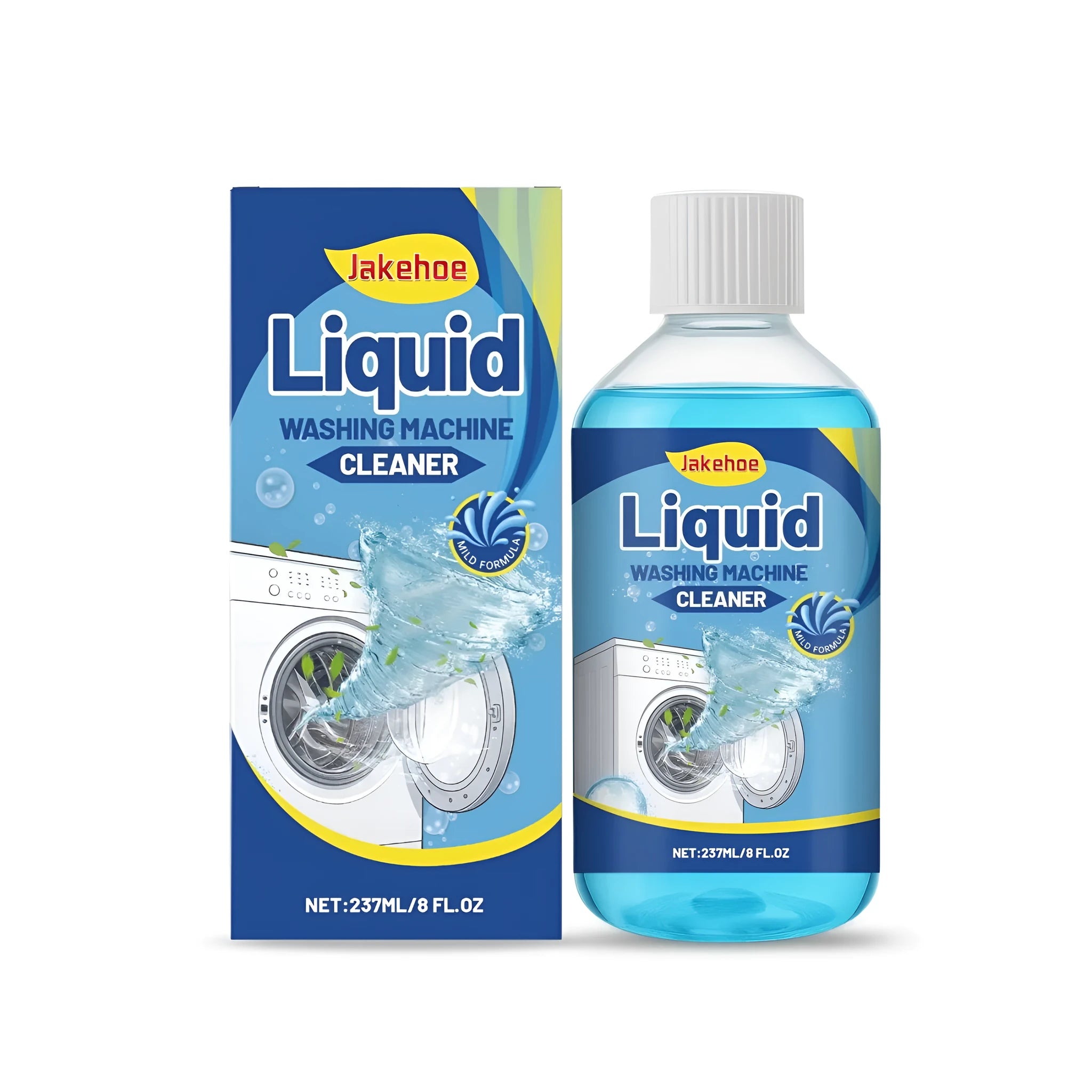 237ml bottle of liquid washing machine cleaner on a laundry room shelf