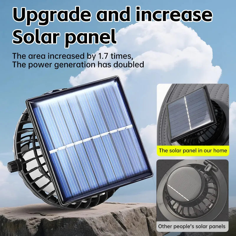 Solar-powered fan hat with integrated cooling fan and rechargeable lithium battery in fishing hat design