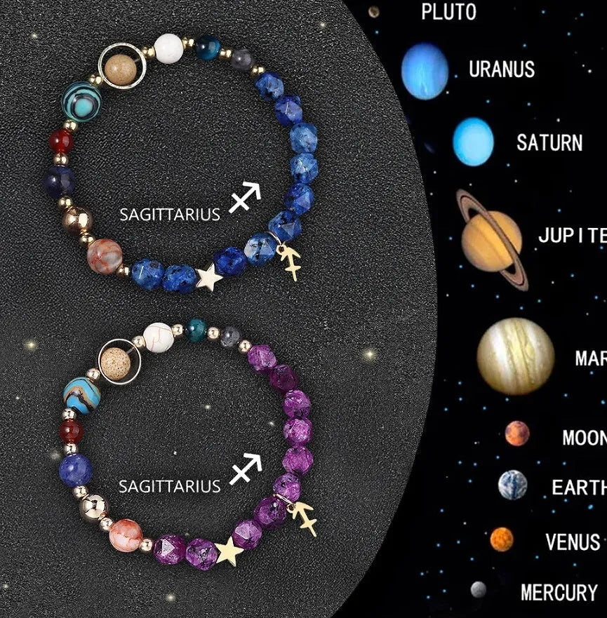 Set of two natural stone beaded bracelets with zodiac sign charms on a white background.