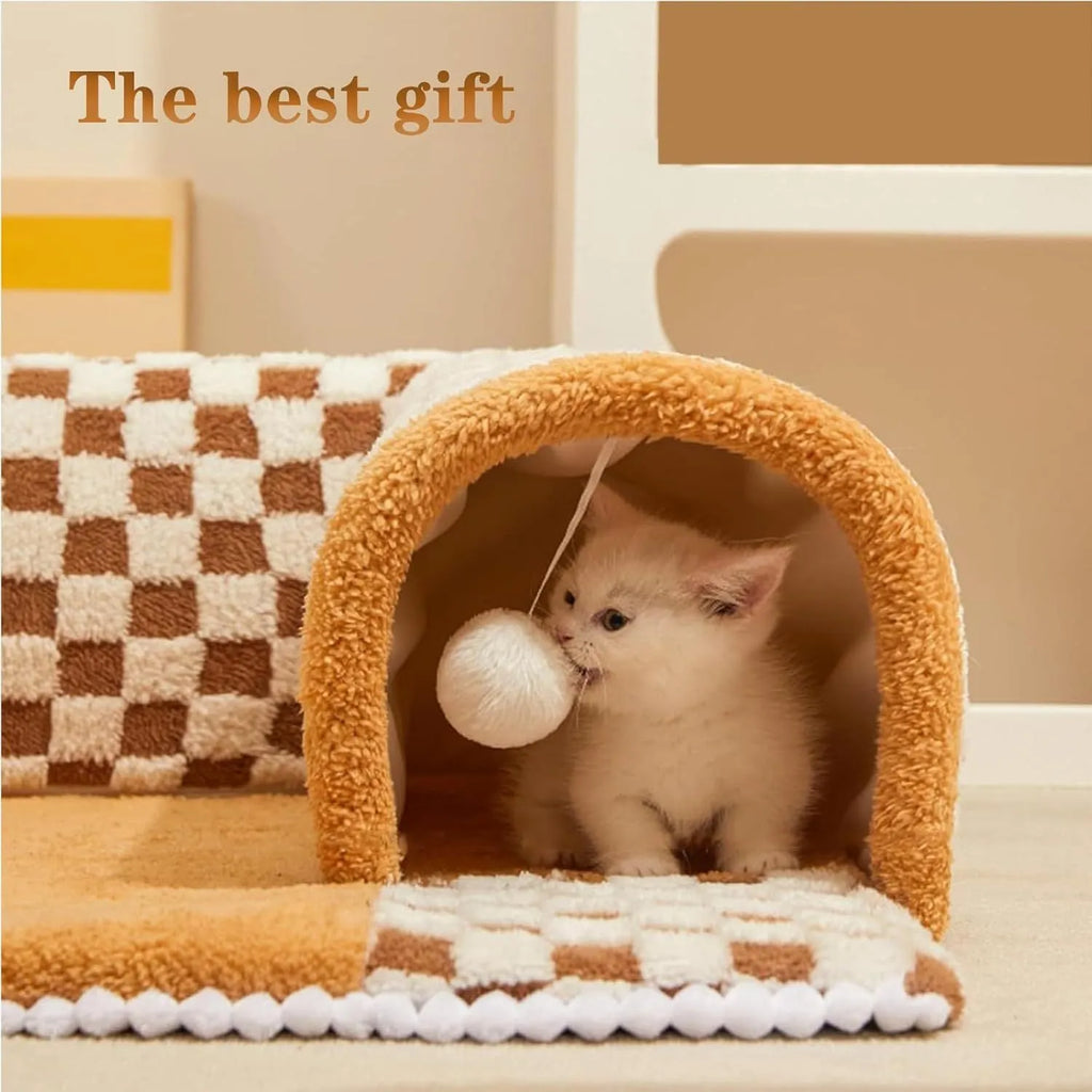 Brown plush plaid collapsible cat tunnel bed with central mat measuring 80x80x22cm