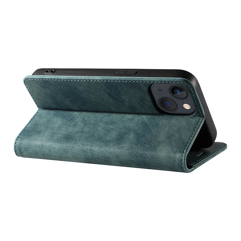 Magnetic flip phone case for iPhone in multiple colours showing leather and TPU construction