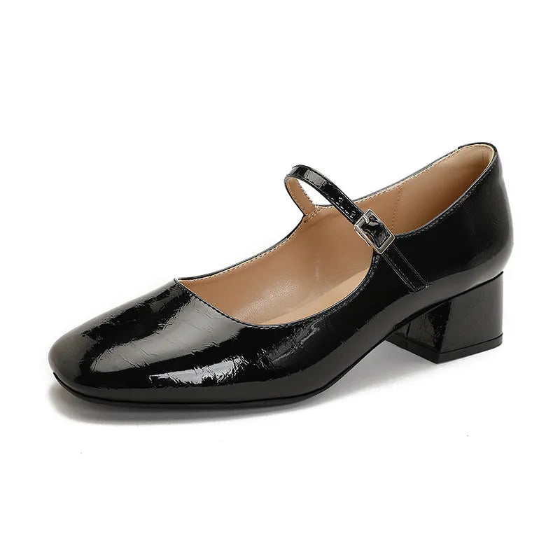 Women's square toe patent leather Mary Jane shoes with buckle and pearl detail, mid heel, low top, available in black, apricot, silver